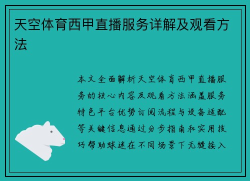 天空体育西甲直播服务详解及观看方法
